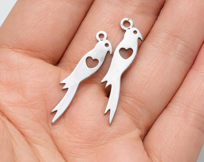 Set of 4 Non-Tarnish Stainless Steel Charms, Bird with Heart