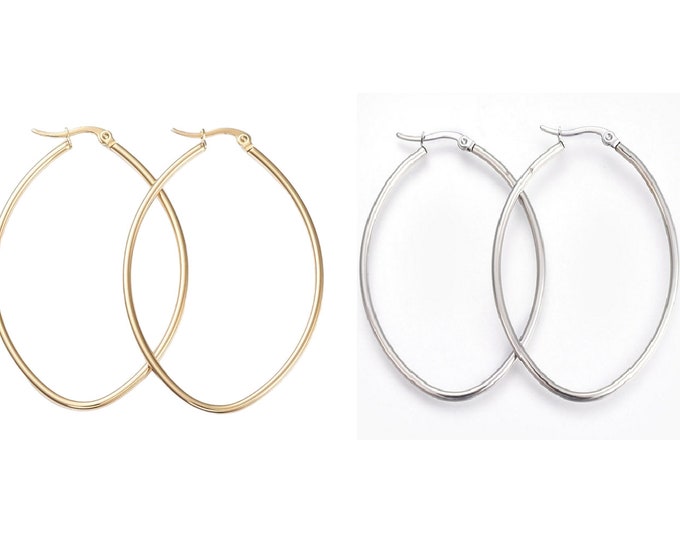 2 pairs oval shape stainless steel earring hoops  in gold color-pls pick a size