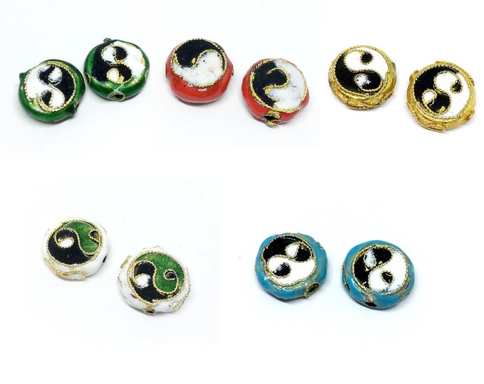 2pc 13x4mm flat round cloisonné yin yang beads-pls pick a color