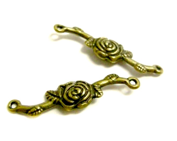 6pc Antique Bronze Rose Connectors 33x8mm  – Floral Spacer Beads, Jewelry Findings, DIY Bracelet Links, Vintage Craft Supplies