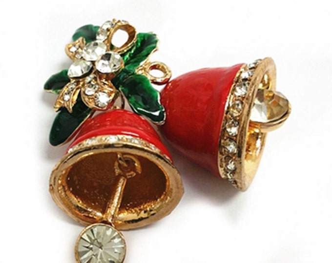 Vintage Style Red Enamel Bell Pendant with Rhinestones, Christmas Bell Charm, 56x49mm, 1 Piece