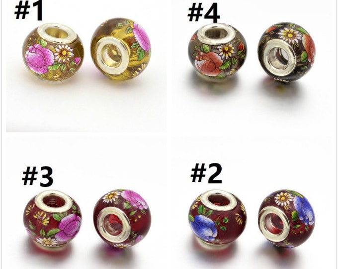 2pc Flower Picture Printed Glass European Beads FJ3-pls pick a color