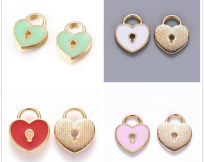6pc 13x11mm metal with enamel heart shape lock charms- pls pick a color