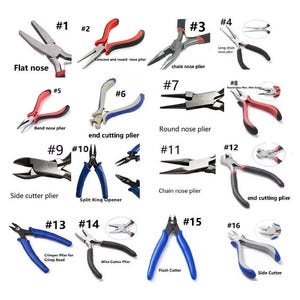 Peut inclure: Une collection de seize pinces et outils de coupe en métal numérotés de un à seize, incluant des pinces à bec plat, rond, demi-rond, coupantes, à anneaux, à sertir et de précision, avec des poignées de différentes couleurs.