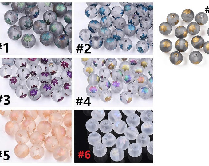 15pc 10mm  Electroplate Transparent Frosted Round Glass Beads with Maple Leaf design-Pls pick a color