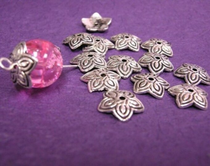 12pc antique silver finish metal flower bead cap-492