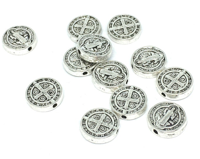 10pc 10mm antique silver finish metal flat round St. Benedict  beads-1000A