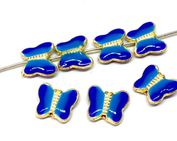 6pc 10x9mm metal with enamel blue butterfly beads-LL1340