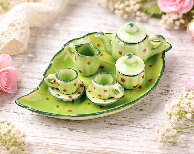 Miniature Decorative Porcelain Doll House Tea Set -Green color