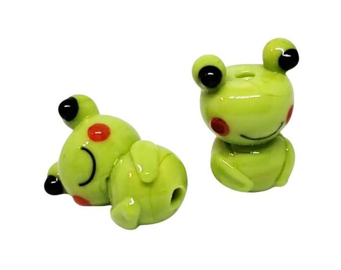 2pc Handmade Lampwork Beads, Frog, Yellow Green