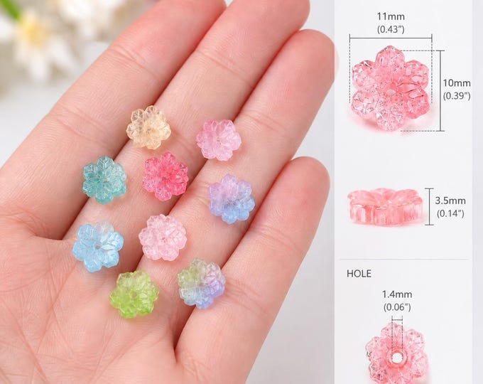20pcs Mixed Color Flower Beads, 10–11mm Glass Floral Beads, Pastel Charm Beads for Jewelry Making