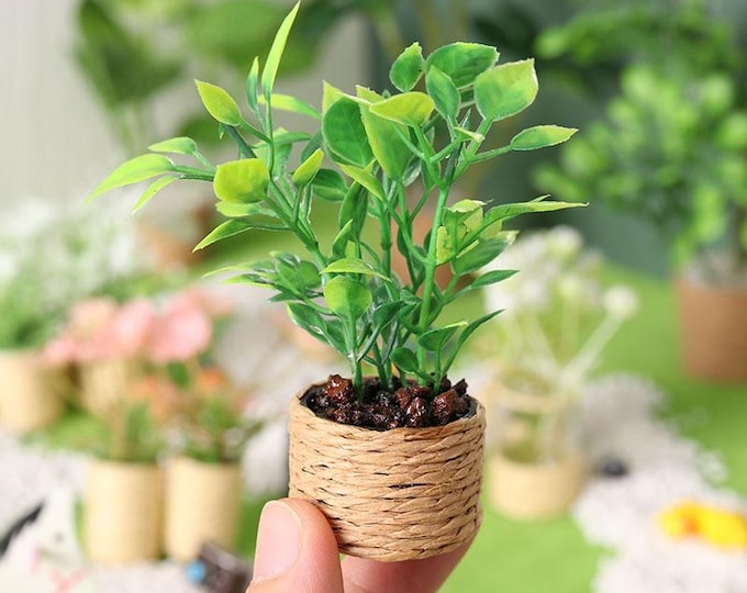 1:12 Dollhouse Miniature Potted Green Plant, Artificial Houseplant in Woven Basket Pot, Fairy Garden Accessory