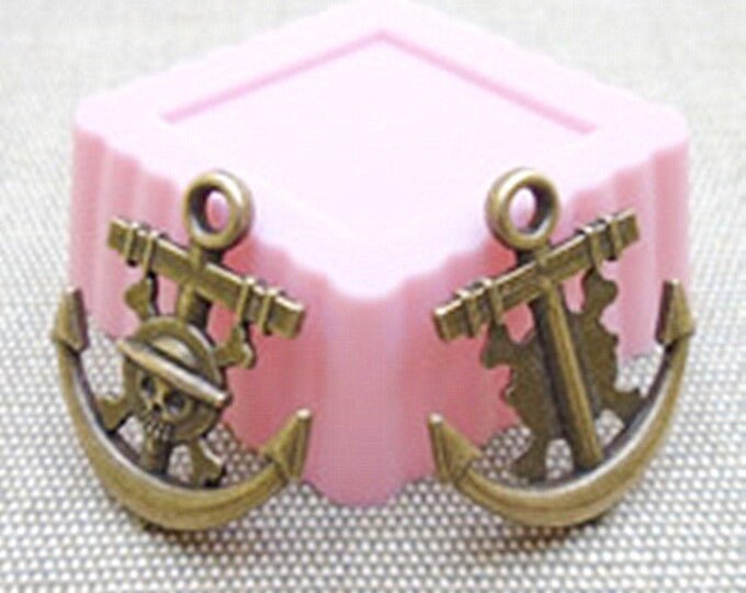 6pc 22x19mm antique bronze finish anchor with skull pattern pendant-4802q