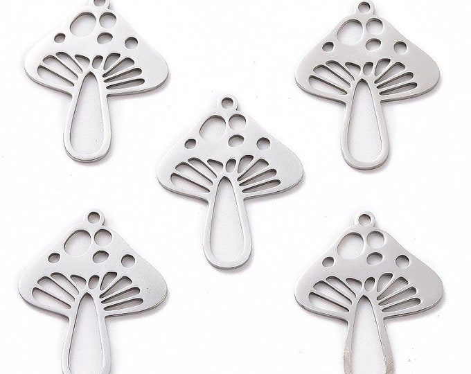 Set of 5 Stainless Steel Laser-Cut Mushroom Pendants