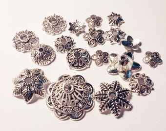 100pcs Antique Silver Bead Caps Mix Lot – Random Styles, Alloy Metal Bead Caps for Jewelry Making, Spacer Caps Assorted Shapes