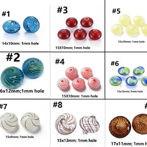 May include: Nine different styles of glass beads with swirl patterns. The beads are in various colors, including blue, red, yellow, pink, green, white, and brown. Each bead has a 1 mm hole. The beads are numbered 1 through 9.
