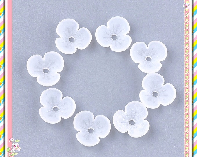 30pc 9mm white frosted 3 petal acylic bead caps-FL3