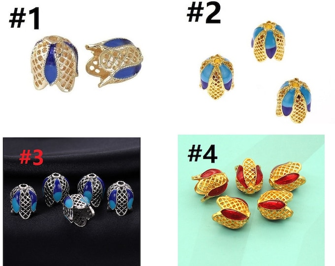 2pc 13x11mm Golden/Silver Tone Enamel Bead Caps- pls pick a color