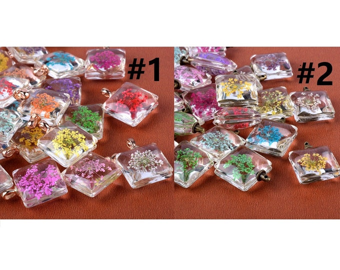 4pc 35x30x15mm Mix Color flat square  Glass with dry flower Pendants-pls pick a style