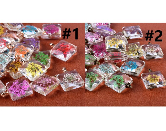 4pc 35x30x15mm Mix Color flat square  Glass with dry flower Pendants-pls pick a style