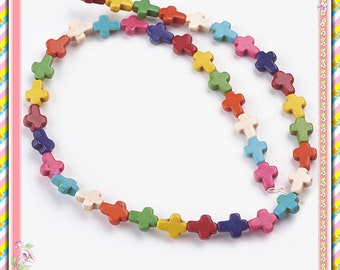 Lot De 20 Perles Croix Turquoise Synthèse 10x8mm Rose Fluo - Pour Création Bijoux