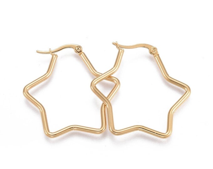 2 pairs  star shape stainless steel earring hoops  in gold color- pls pick a size