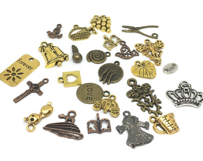Sale- 25 Charms Assorted Antique Silver Bronze copper and Gold Tone -s423