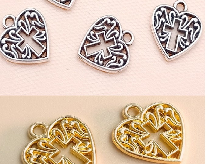 6pc 16x14mm metal alloy heart shape with cross charms-R85-pls pick a color