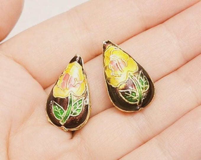 2pc Teardrop Cloisonné Beads 22x12mm – Flower Design Enamel Beads for Jewelry Making