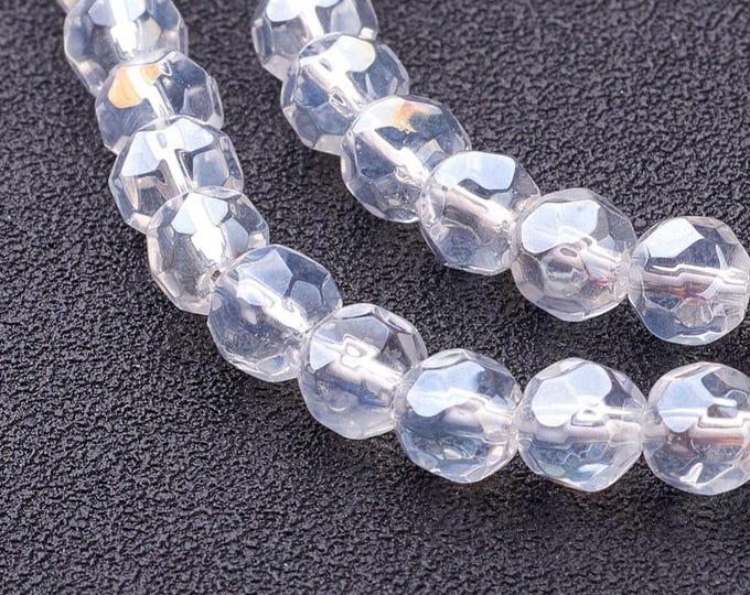 50pc 6mm Glass Beads , Faceted Round, Clear AB