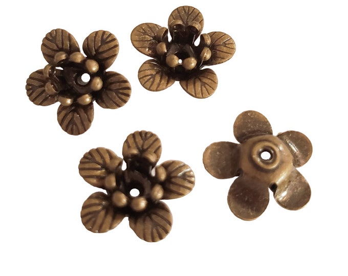10pc Brass Bead Caps, Flower, Antique Bronze,10mm wide