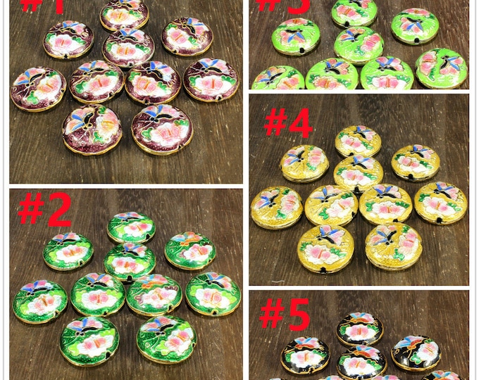 2pc 19x8mm flat round butterfly pattern cloisonne beads-R573-Please pick a color