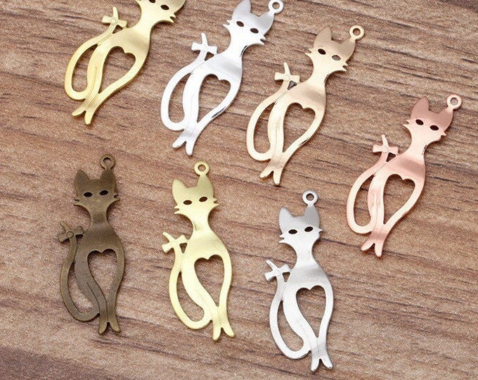 10pc 30x10mm Metal Brass Stamping Cat Charms for Jewelry Making -pls select your own color