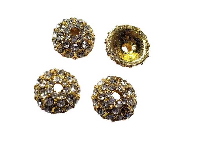 4pc 10mm gold finish metal rhinestone bead caps-6205c