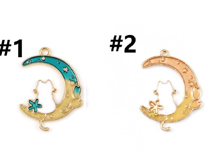 4pc 28mm x 20mm metal with enamel cat with moon pendants/charm -Pls pick a color