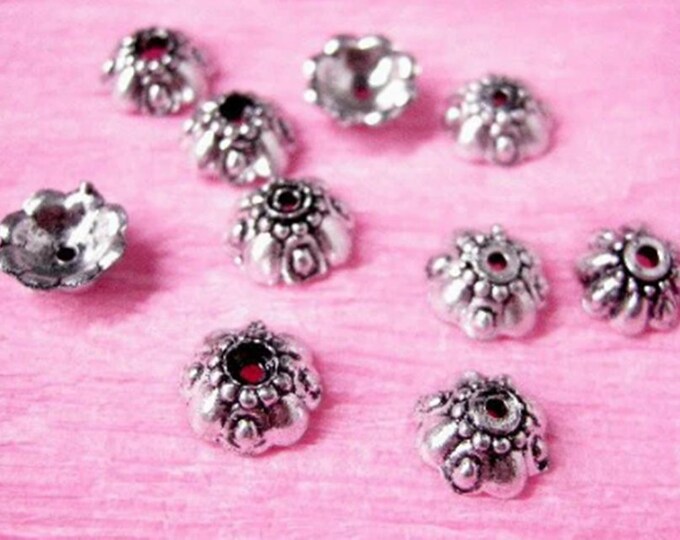 65 pc antique silver finish acrylic 9mm bead caps-5742