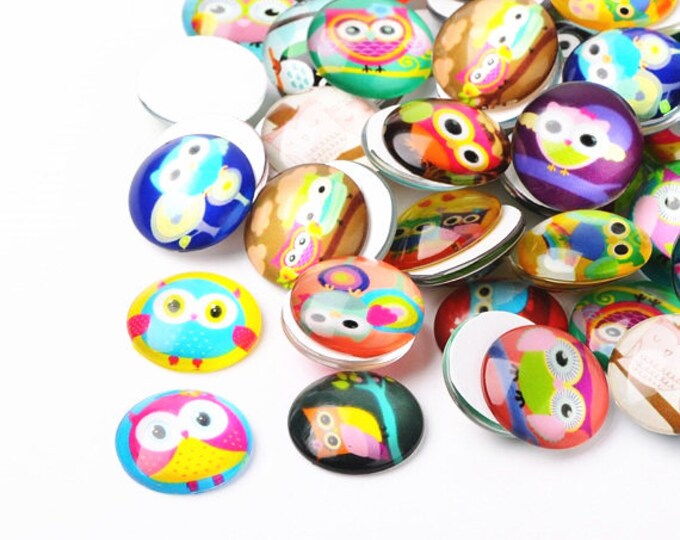 4pc 25mm mix glass cabochons with printed owl patterns-10300