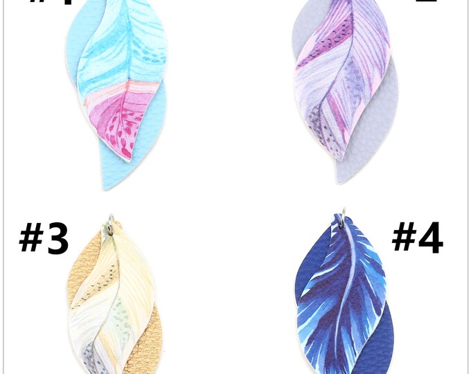 5pc 3" PU Leather Colorful Feather Pattern Pendants-R125-pls pick a color