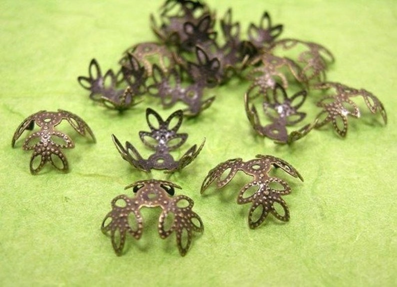 30 pieces filigree leaf bead caps-pls pick a color antique bronze 328