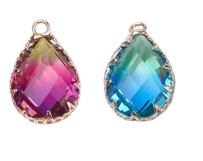 2pc 22x13mm teardrop shape faceted glass beads with brass setting pendants -pls pick a color
