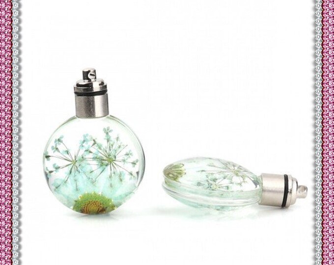 2pc Glass & Dried Flower Pendants Round Chrysanthemum Flower Light Green Transparent-FZ44