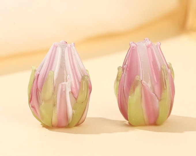 2pc Handmade lampwork glass pretty floral bud beads