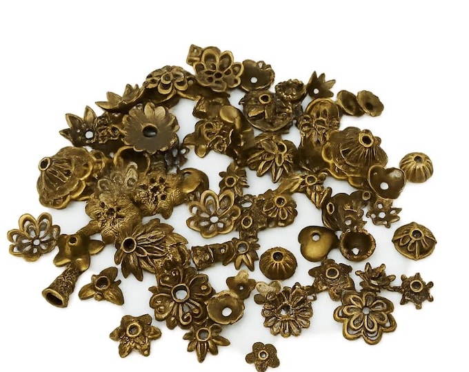 100pcs Antique Bronze Finish Bead Caps Mix Lot – Random Styles, Alloy Metal Bead Caps for Jewelry Making, Spacer Caps Assorted Shapes