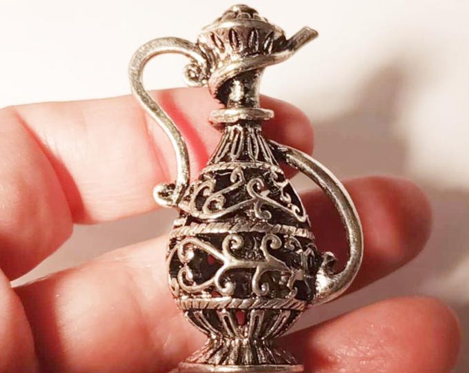 2pcs Antique Silver Filigree Pitcher Charms | 47x30mm Ornate Teapot Pendants | Vintage Style Metal Ewer Beads for Jewelry Making, Crafts