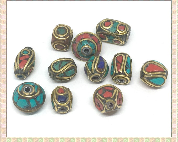 10pc mix style Handmade Tibetan Style  Brass with Synthetic Coral and Turquoise Beads-TFB35