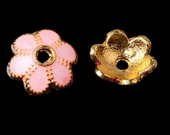 10pc 7mm gold tone with enamel bead caps- pink