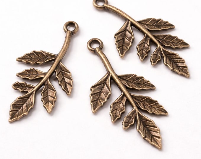 6pc antique bronze finish metal leaf pendants-5265