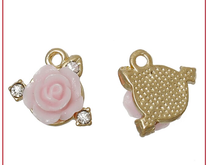 5pc Zinc Metal Alloy Charms Rose Flower Gold Plated Pink Resin Clear Rhinestone 15mm( 5/8") x 13mm( 4/8")-LV1068