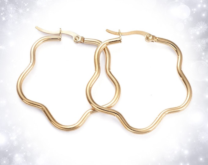 2 Pairs Gold Stainless Steel Flower Hoop Earrings Hypoallergenic Jewelry Choose Size