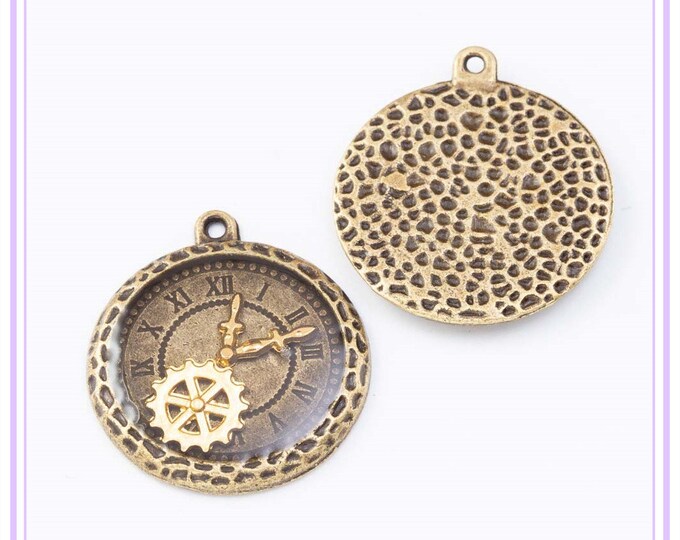 4pc 23x20mm antique bronze finish metal pendant with resin clock design-lv1069